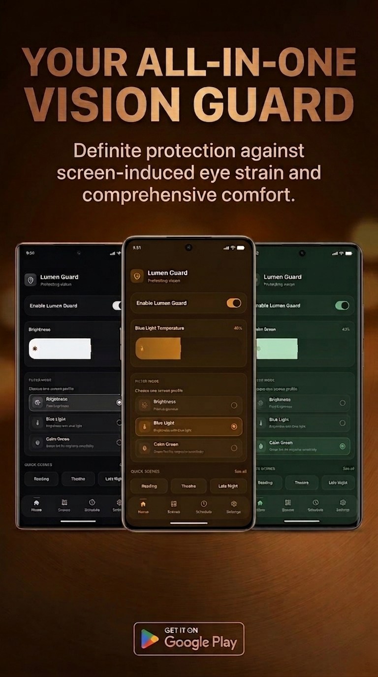 Lumen Guard promotional graphic showing multiple display filter modes