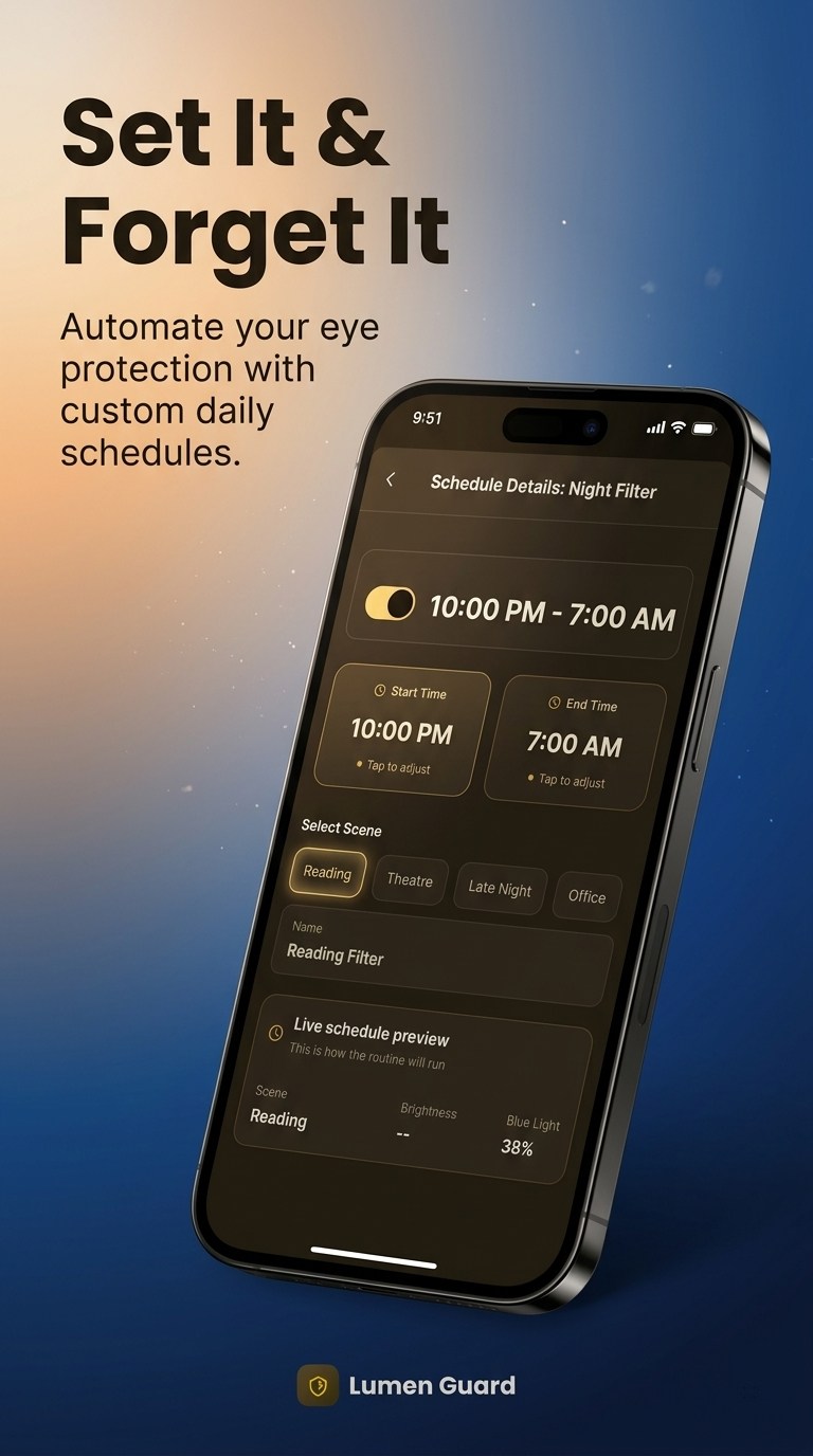 Lumen Guard promotional graphic showing a scheduled night filter