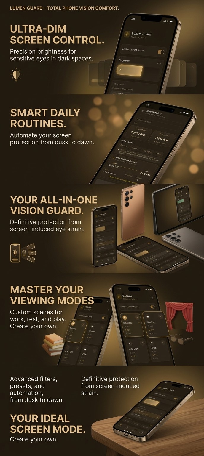 Lumen Guard promotional graphic showing filter, schedule, and scene features
