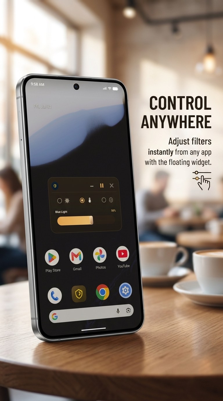 Lumen Guard promotional graphic showing floating filter controls over an Android home screen